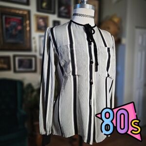 Vintage 80s Valentino Miss V Striped Button Up Shirt Classic Style Neck Blouse